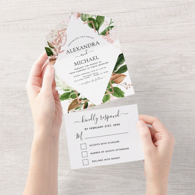 Invitation Tout En Un Rose Gold Botanical Greenery Wedding RSVP (Déchirure)