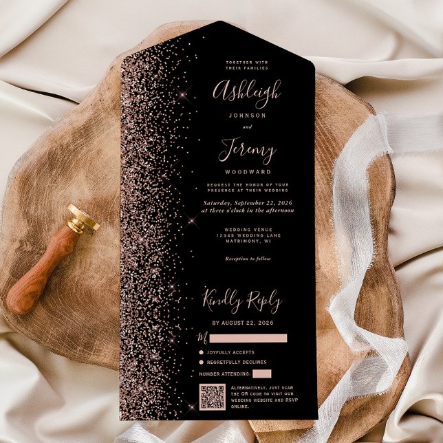 Invitation Tout En Un Rose Gold Glitter Black QR Code Wedding (Créateur téléchargé)