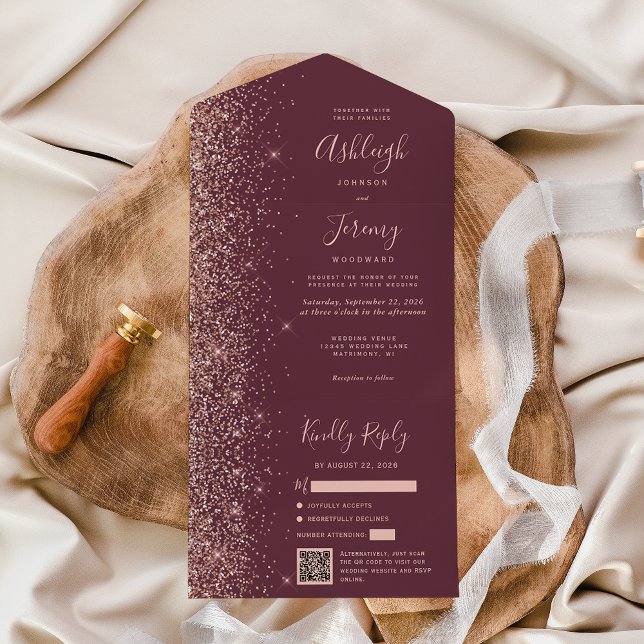 Invitation Tout En Un Rose Gold Glitter Burgundy QR Code Wedding (Créateur téléchargé)