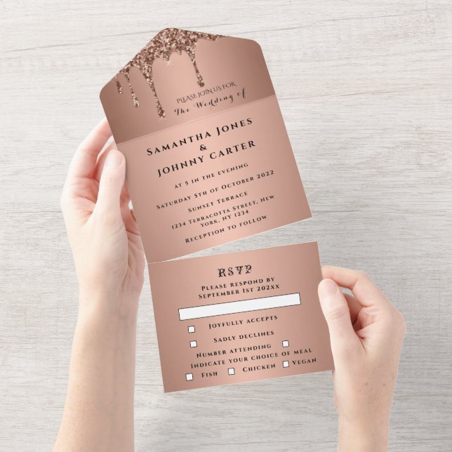 Invitation Tout En Un Rose Gold Sparkle RSVP Élégant Mariage moderne (Déchirure)