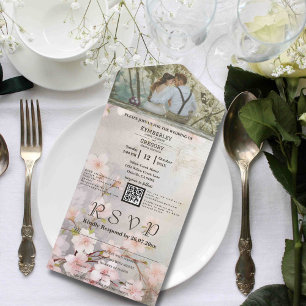 Invitation Tout En Un Rose Mauve Sakura Cerise Blossoms Photo QR Code