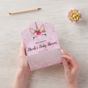Invitation Tout En Un Rose & Or Baby Shower Tendance Tout-en-un