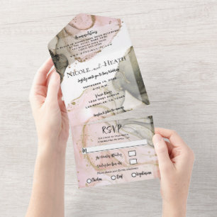 Invitation Tout En Un Rose Or Noir Aquarelle Mariage Moderne Chic