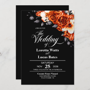 Invitation Tout en un Rose orange brûlé Floral Black Mariage