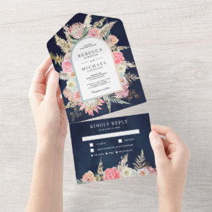 Invitation Tout En Un Rose Pâle Floral Bohème Herbe des Pampas Bleu Mari