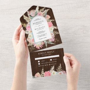 Invitation Tout En Un Rose Pâle Floral Bohème Herbe des Pampas Bois Mari
