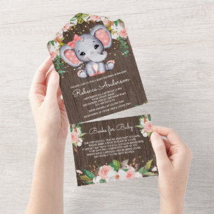 Invitation Tout En Un Rose Pâle Floral Bois Éléphant Mignon Baby Shower