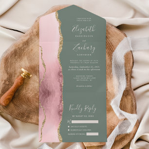 Invitation Tout En Un Rose Pâle Or Agate Vert Sauge Mariage
