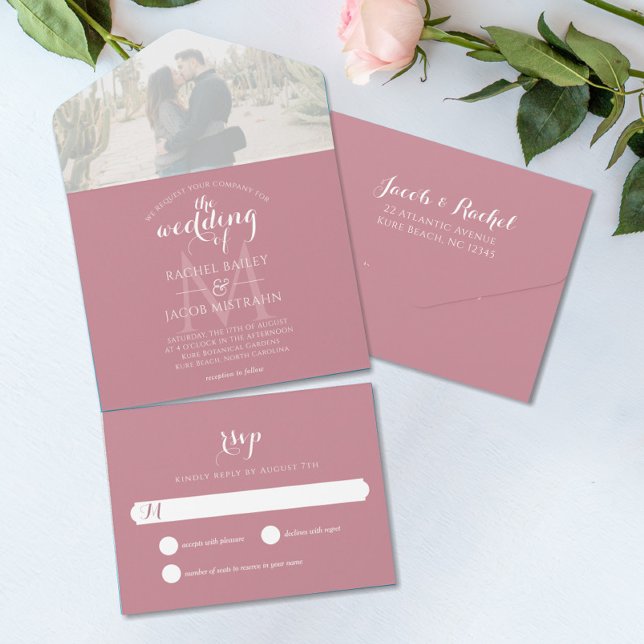 Invitation Tout En Un Rose photo simple Monogram Dusty (Créateur téléchargé)