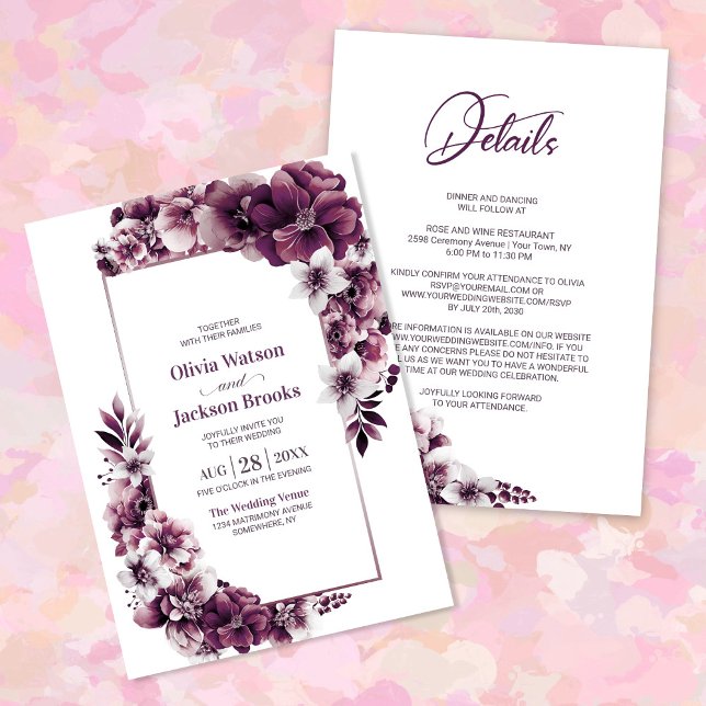 Invitation Tout en un rose Plum Mariage Floral (Créateur téléchargé)