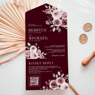 Invitation Tout En Un Rose Poussiéreuse Floral Bourgogne Code QR Mariage