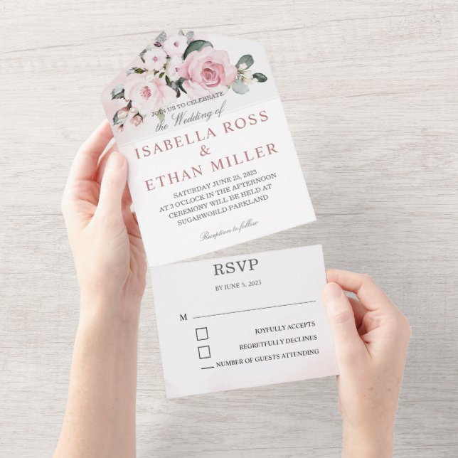 Invitation Tout En Un Rose poussiéreux et Mariage gris (Déchirure)