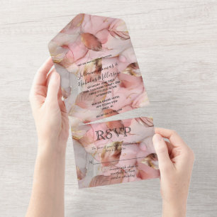 Invitation Tout En Un Rose romantique Blush Pink Gold Leaf Mariage