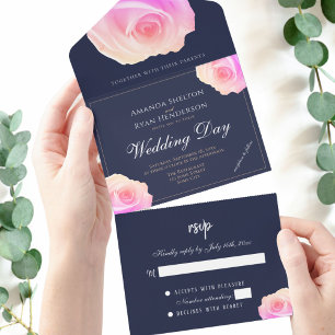 Invitation Tout En Un Rose rose mariage floral bleu marine 