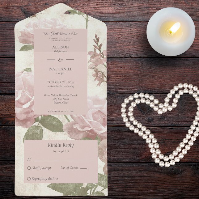 Invitation Tout En Un Rose rose vintage (Also available with QR code. )