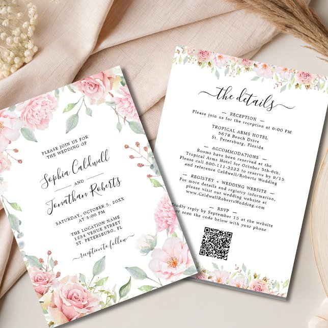 Invitation Tout en un rose Roses Sage Mariage de verdure (All in One Elegant Pink Roses and Sage Greenery Wedding Invitation)