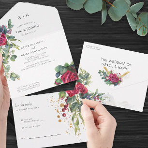 Invitation Tout En Un Rose rouge et Mariage d'eucalyptus