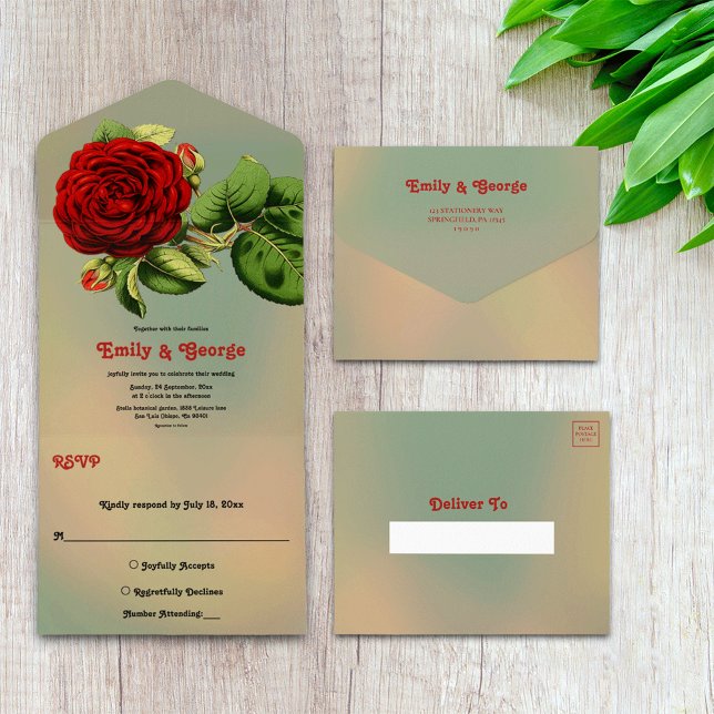 Invitation Tout En Un Rose rouge romantique délicieuse Mariage floral d' (Créateur téléchargé)