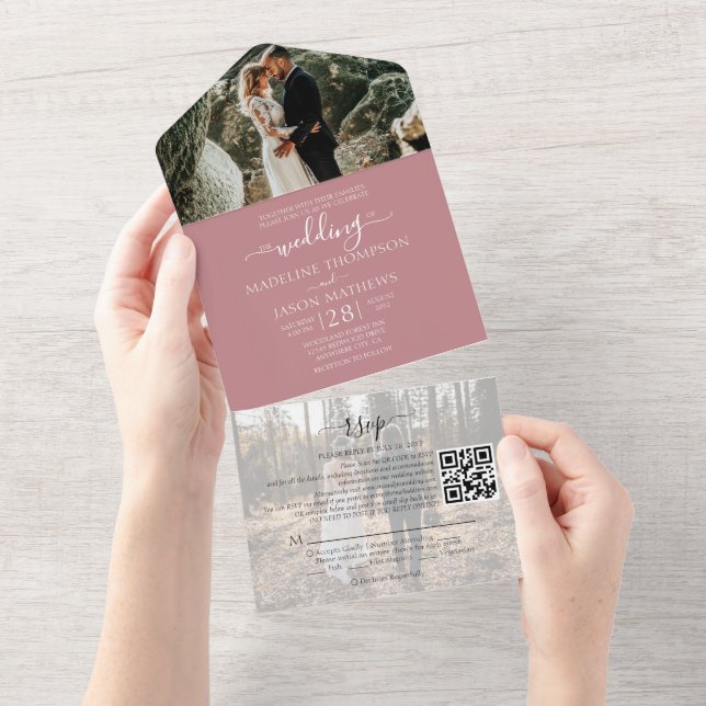 Invitation Tout En Un Rose simple rose 2 photo Code QR Mariage RSVP (Déchirure)