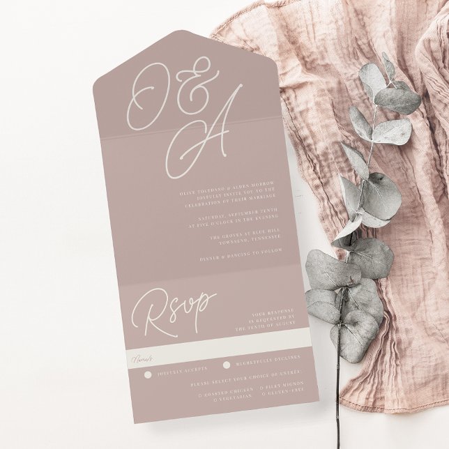Invitation Tout En Un Rose Taupe | Mariage de monogramme de filigrane de (Créateur téléchargé)