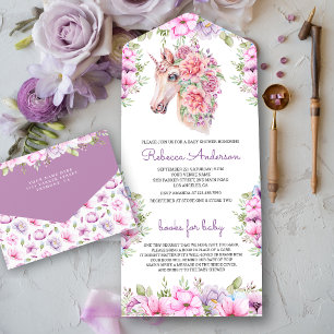 Invitation Tout En Un Rose violet Floral Joli Baby shower Unicorne