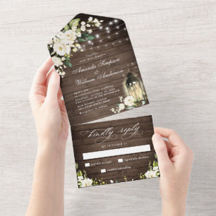 Invitation Tout En Un Roses blanches Mariage de lanterne en bois rustiqu