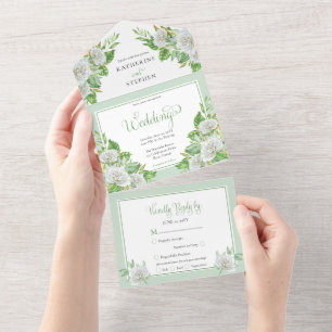 Invitation Tout En Un Roses blanches   Mariage Floral Boho vert