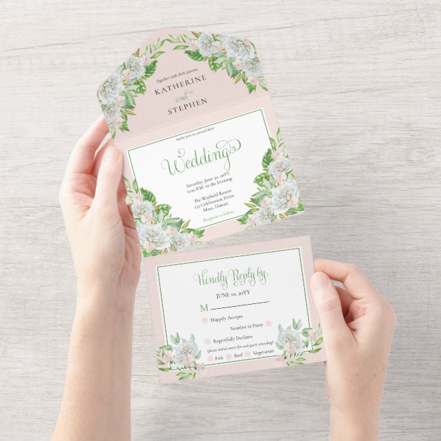 Invitation Tout En Un Roses blanches | Orchids Boho Floral Mariage (Déchirure)