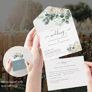 Invitation Tout En Un Roses blanches romantiques Mariage tout compris RS