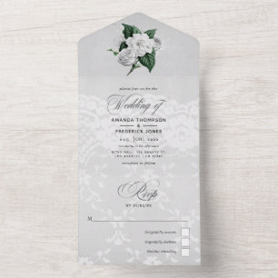Invitation Tout En Un Roses blanches vintage et robe de mariée en dentel