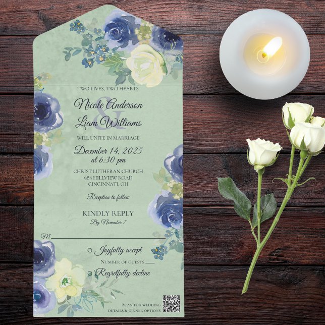 Invitation Tout En Un Roses bleus et ivoire sur Sage Green avec code QR (Also available without QR code)