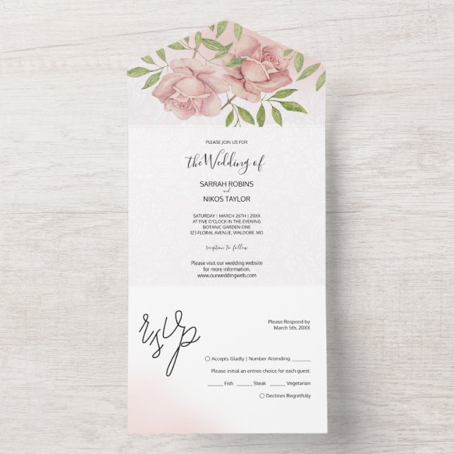 Invitation Tout En Un Roses Blush Bohème Aquarelle Peintes à la main (À l'intérieur)