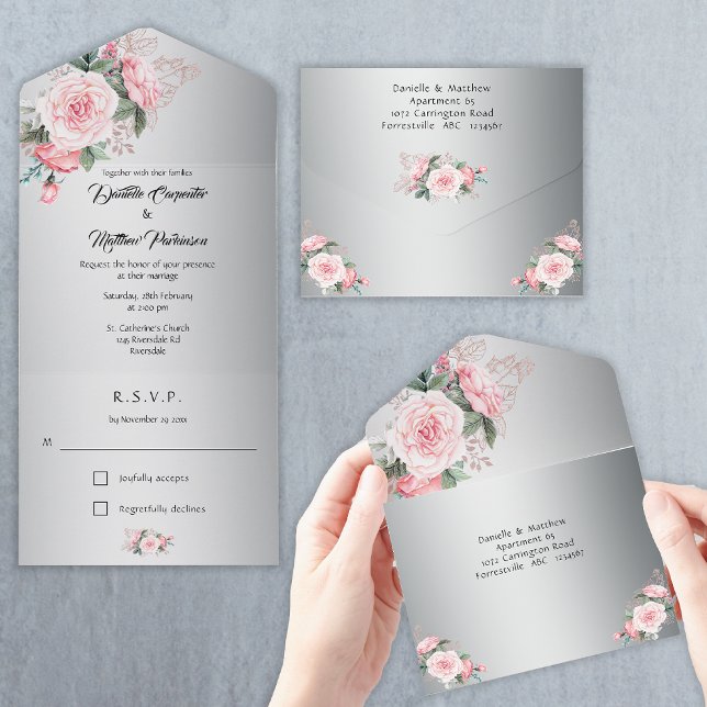 Invitation Tout En Un Roses Boho rose et Mariage d'argent métallique (Créateur téléchargé)