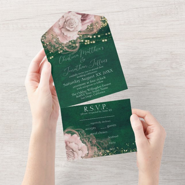 Invitation Tout En Un Roses d'aquarelle romantique sur Emerald Green (Déchirure)