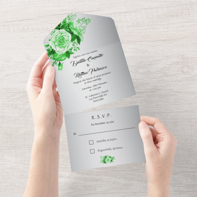 Invitation Tout En Un Roses d'aquarelle verte sur Mariage argenté (Déchirure)