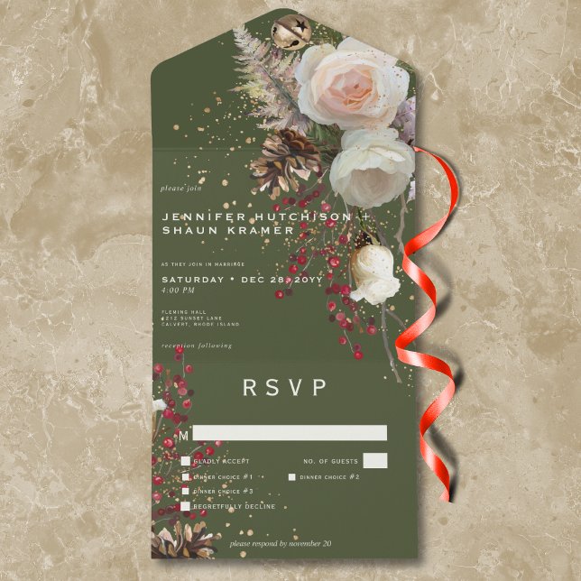 Invitation Tout En Un Roses d'hiver modernes & Baies rouges Dîner vert (Modern Winter Roses & Red Berries Green Dinner All In One Invitation)
