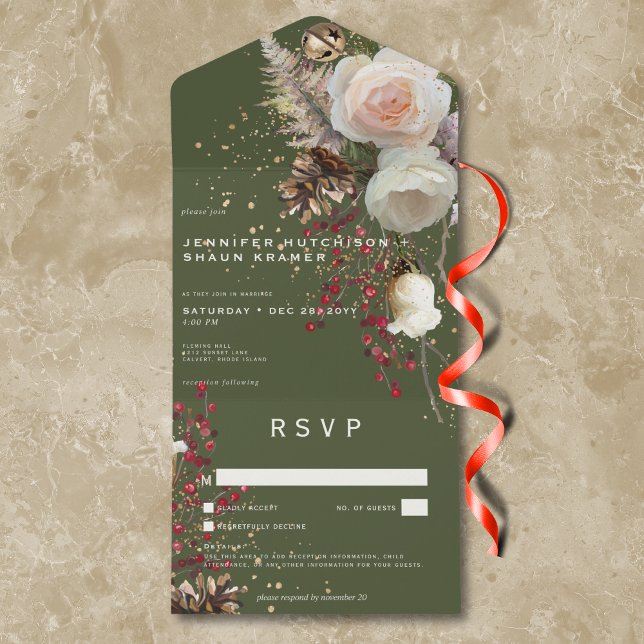 Invitation Tout En Un Roses d'hiver modernes et baies rouges Vert Pas de (Modern Winter Roses & Red Berries Green No Dinner All In One Invitation)