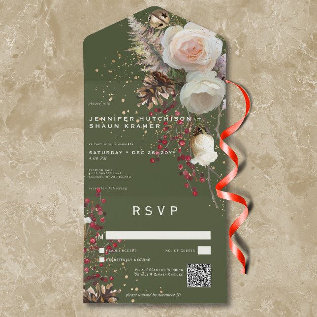 Invitation Tout En Un Roses d'hiver modernes et Berries rouges Code QR v (Modern Winter Roses & Red Berries Green QR Code All In One Invitation)