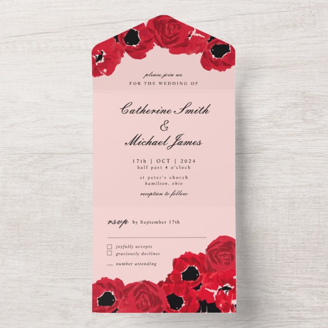Invitation Tout En Un Roses et Pavots Abstraits (À l'intérieur)
