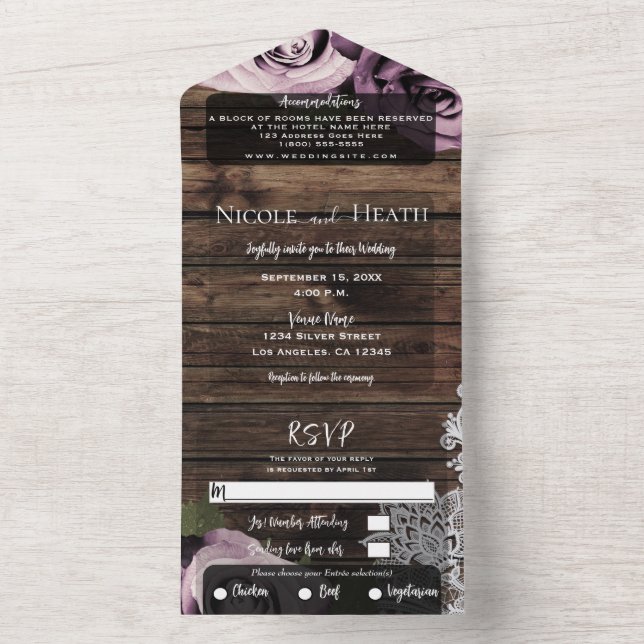 Invitation Tout En Un Roses Icy Pink Mauve Dentelle Rustique Mariage en  (À l'intérieur)