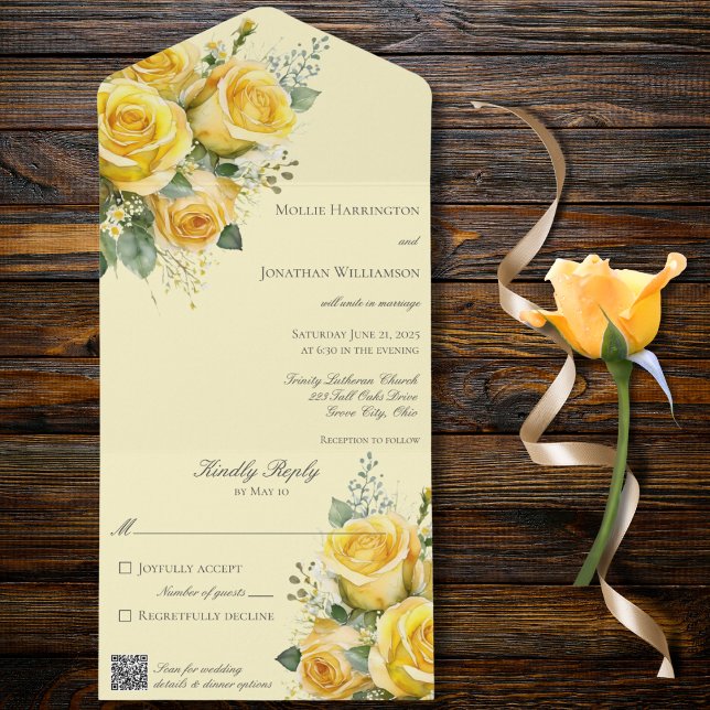 Invitation Tout En Un Roses Jaunes Code QR Tout en un mariage Inviter (Créateur téléchargé)