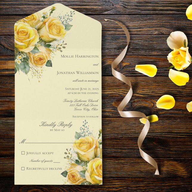 Invitation Tout En Un Roses Jaunes tout en un mariage Inviter (Also available with QR code. )
