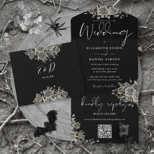 Invitation Tout En Un Roses noires et blanches gothiques Mariage de code