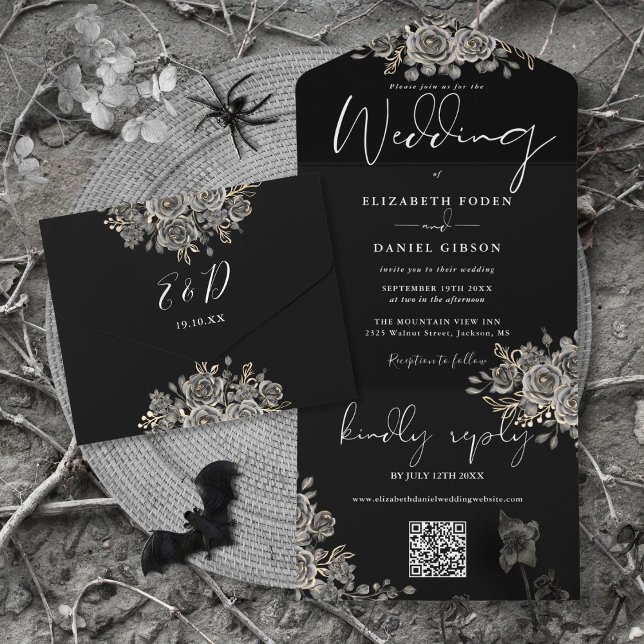 Invitation Tout En Un Roses noires et blanches gothiques Mariage de code (Gothic Black And White Roses QR Code Wedding All In One Invitation)