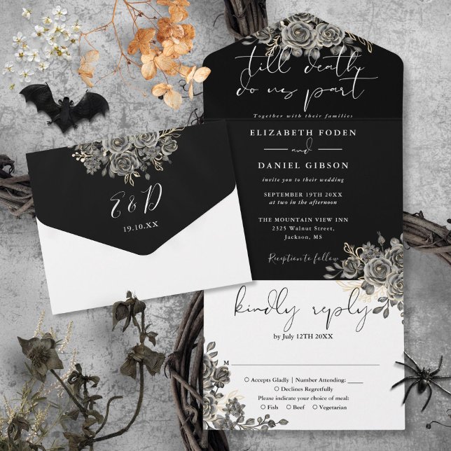 Invitation Tout En Un Roses Noires Et Blanches Gothiques Mariage Floral (Gothic Black And White Roses Floral Wedding All In One Invitation)
