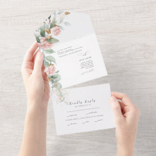 Invitation Tout En Un Roses roses Eucalyptus Deux Parents Mariage Tout