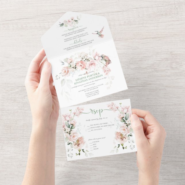 Invitation Tout En Un Roses Roses Roses Roses Roses Hummingbirds Mariage (Déchirure)
