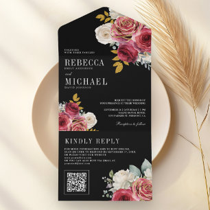 Invitation Tout En Un Roses rouges de Bourgogne Code QR floral noir Mari