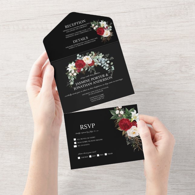 Invitation Tout En Un Roses rouges et blancs de Bourgogne sur un mariage (Déchirure)