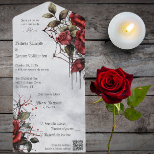 Invitation Tout En Un Roses rouges gothiques avec code QR